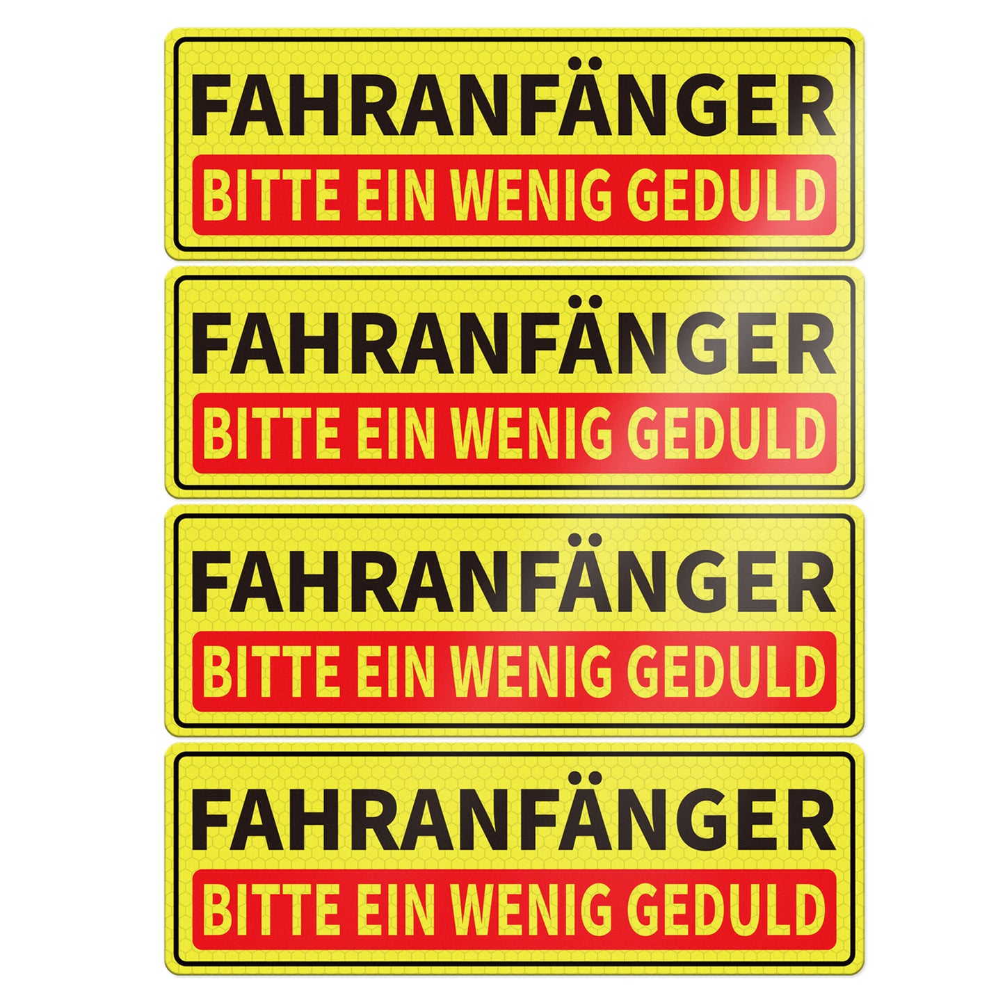 YIKIADA Fahranfänger Magnetschild 30 x 10 cm BITTE EIN WENIG GEDULD Reflektierend Schild Auto Magnetfolie Warntafel Schild Führerschein Geschenke wetterfest für Fahrzeug 4 Stück