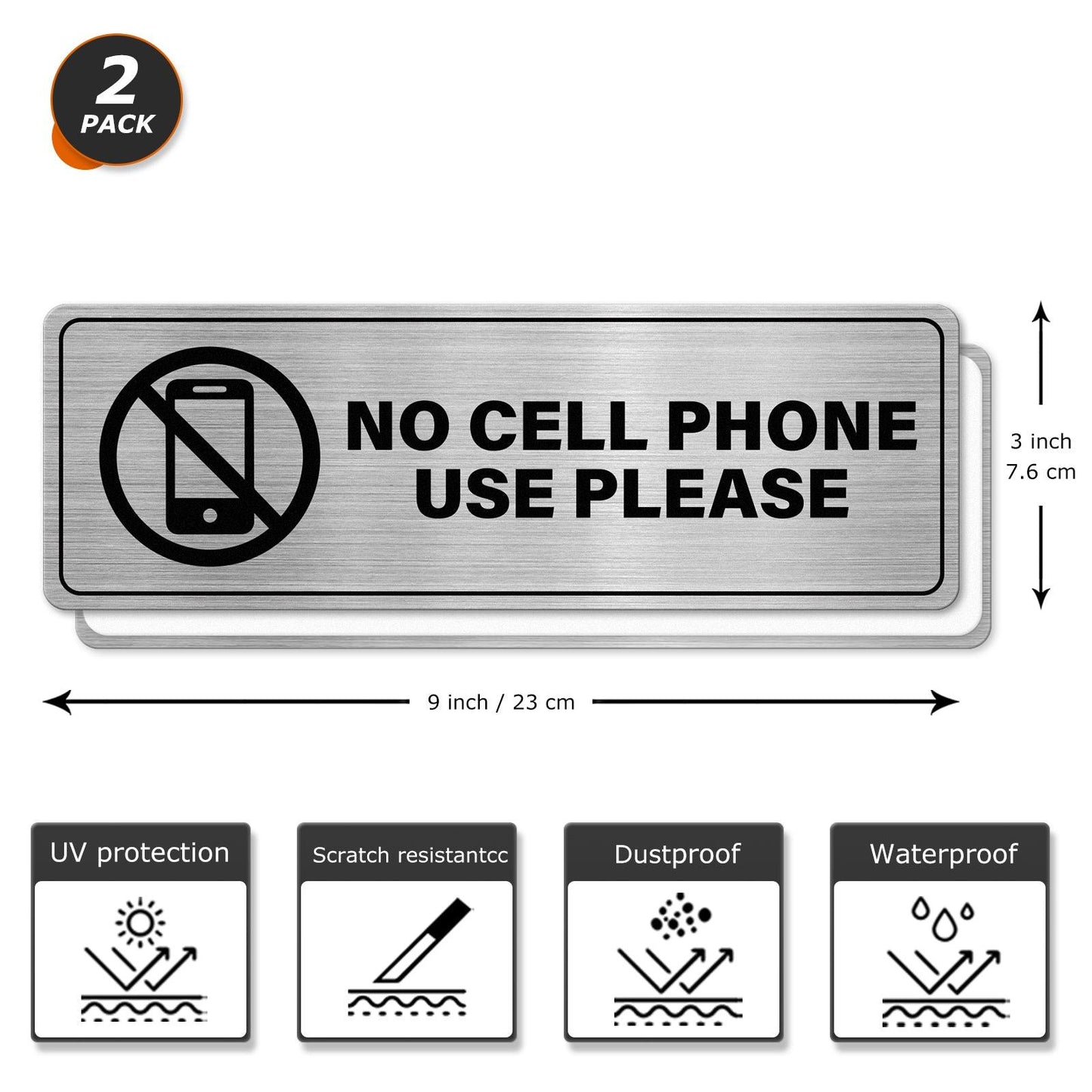 YIKIADA Schild „Bitte keine Handynutzung“, 22,9 x 7,6 cm, selbstklebendes Aluminium, Sicherheitsbeschilderung am Arbeitsplatz, wasserfeste Wandaufkleber für Unternehmen, Klassenzimmer, Außen- und Innenbereich, 2 Stück