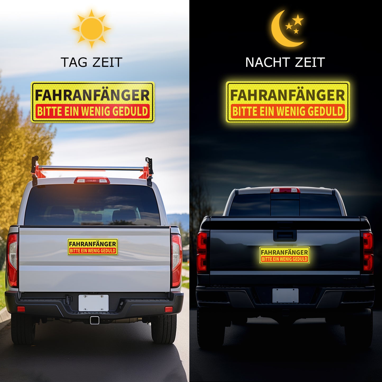 YIKIADA Fahranfänger Magnetschild 30 x 10 cm BITTE EIN WENIG GEDULD Reflektierend Schild Auto Magnetfolie Warntafel Schild Führerschein Geschenke wetterfest für Fahrzeug 4 Stück