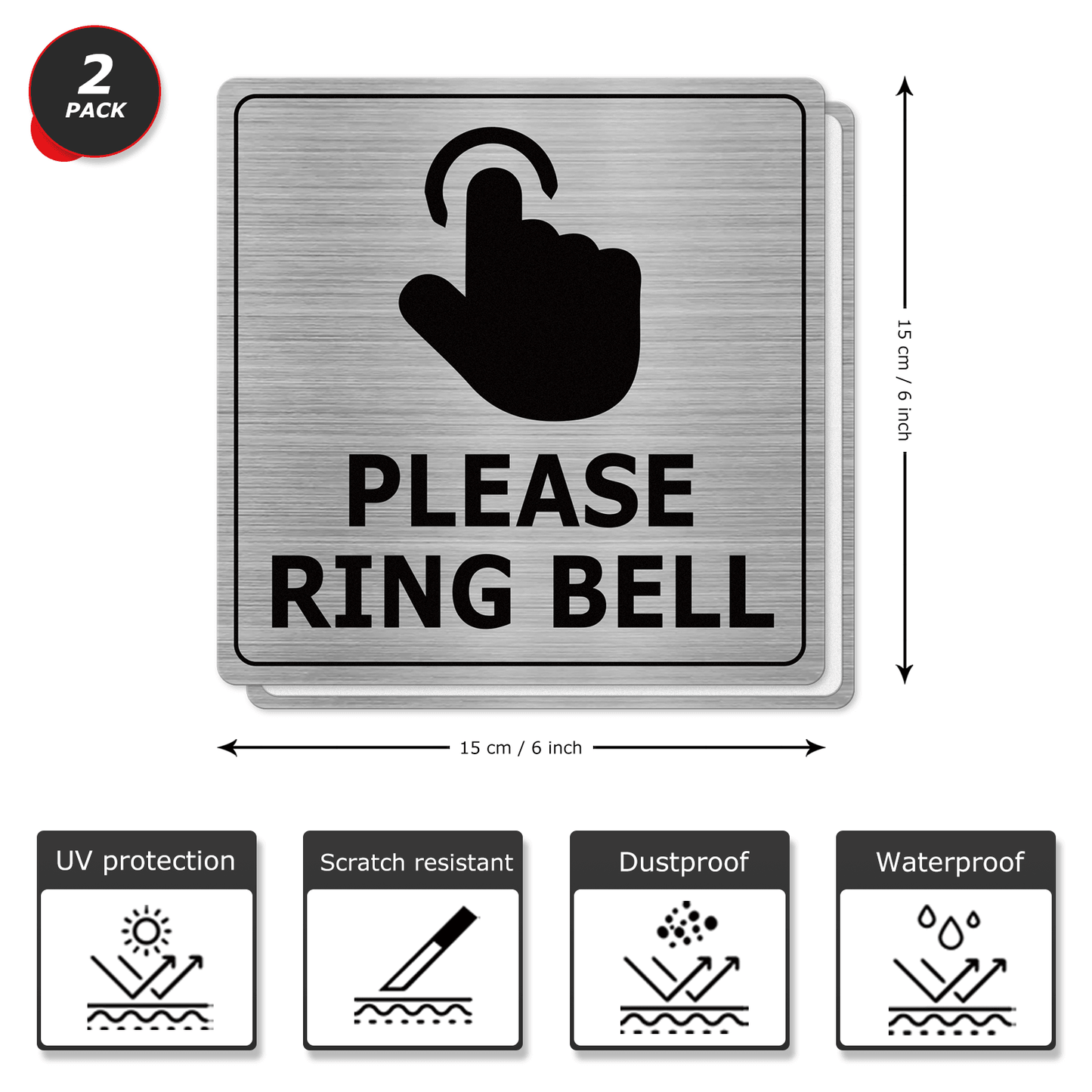 YIKIADA Please Ring Bell Sign 6 x 6 pulgadas Aluminio Autoadhesivo Impermeable Metal Aviso Timbre Puerta Exterior Pared Oficina Puerta 2 Paquetes