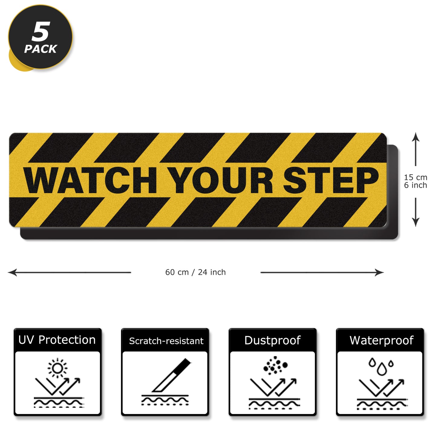 YIKIADA „Watch Your Step“-Aufkleber, selbstklebendes Vinyl, 600 x 150 mm, Warnband, Anti-Rutsch-Sicherheitsschilder, Vorsicht nasser Boden, Aufkleber für Büro, Arbeitsplatz, Zuhause, 5 Stück