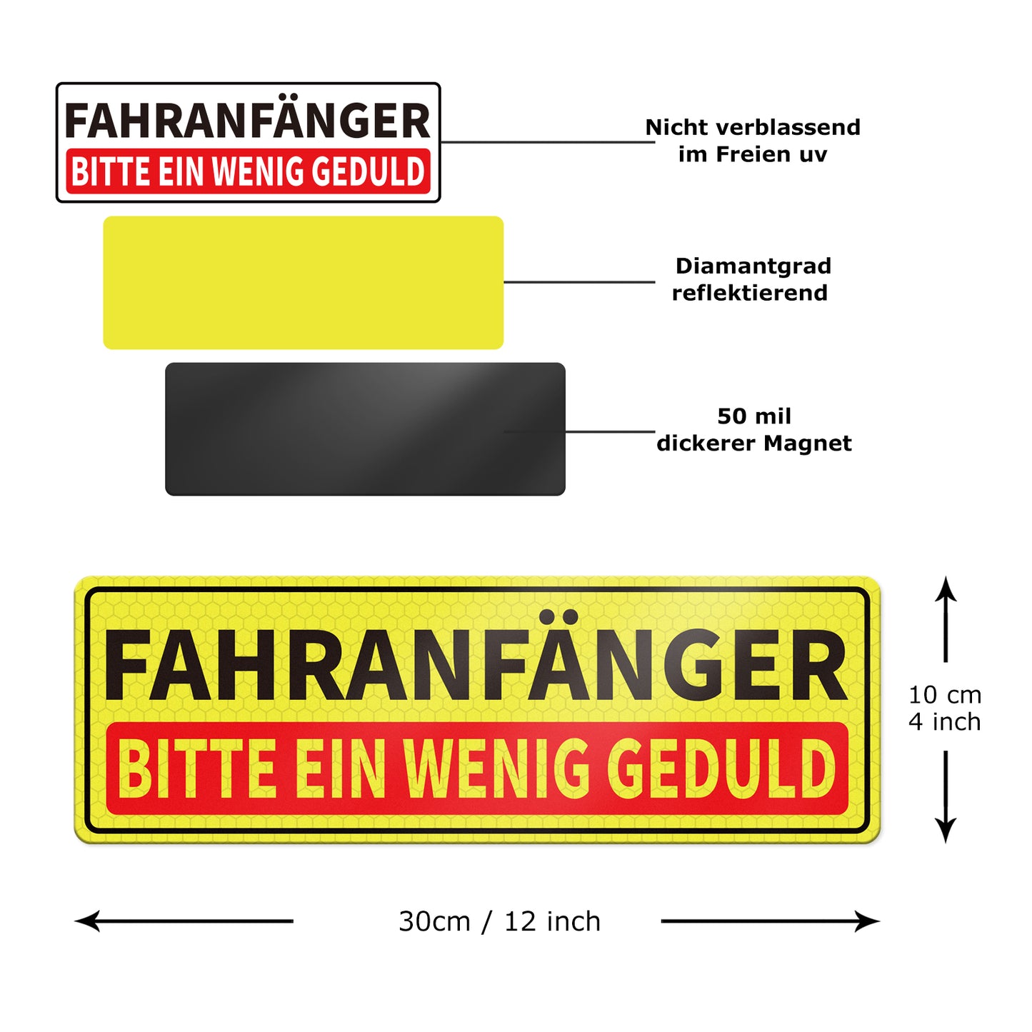 YIKIADA Fahranfänger Magnetschild 30 x 10 cm BITTE EIN WENIG GEDULD Reflektierend Schild Auto Magnetfolie Warntafel Schild Führerschein Geschenke wetterfest für Fahrzeug 4 Stück