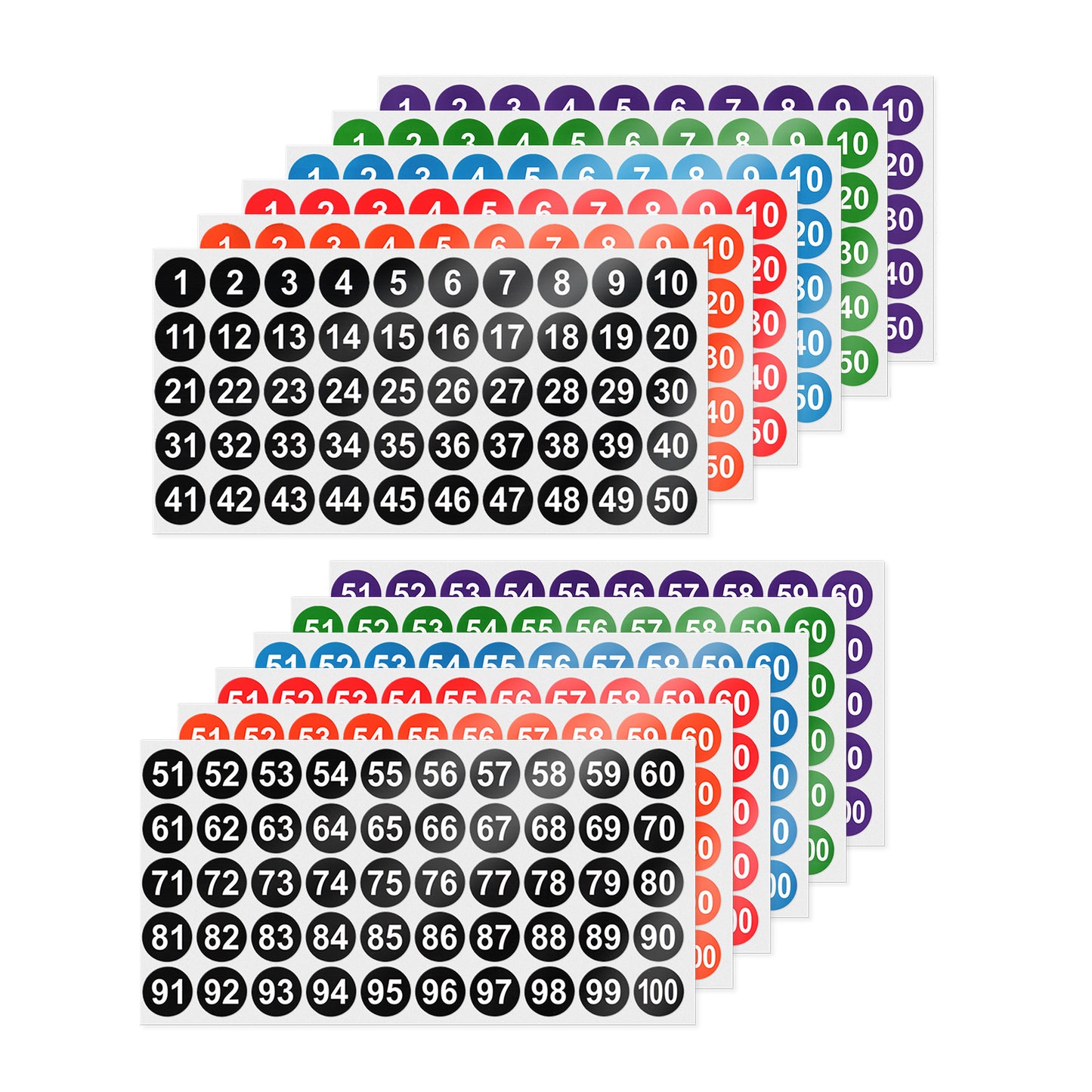 Pegatinas con números consecutivos de YIKIADA, 1 pulgada, 1-100, etiquetas redondas autoadhesivas de vinilo, resistentes al agua, para organizar inventarios, calcomanías de colores con puntos para contenedores de la escuela, la oficina y el aula, 10 hojas 