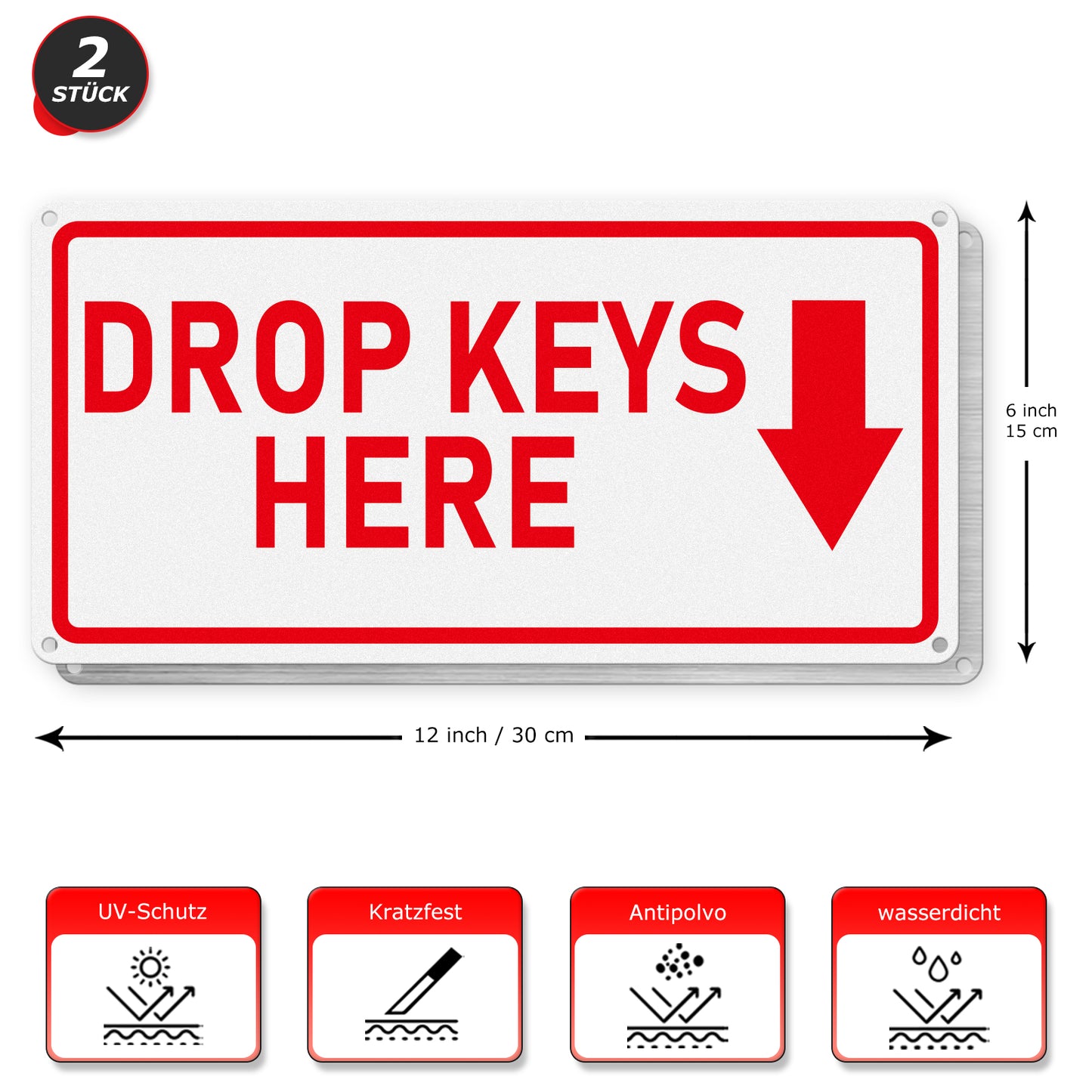 YIKIADA Schild „Drop Keys Here“, 30,5 x 15,2 cm, Aluminium, selbstklebend, wasserdicht, reflektierendes Metall, Außenschilder für Tür, Wand, Büro, Tor, 2 Stück 