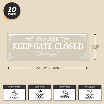 YIKIADA - Calcomanías de vinilo con texto en inglés "Please Keep Gate Closed" (Mantenga la puerta cerrada), 9 x 3 pulgadas, etiquetas de advertencia extraíbles e impermeables para puertas, oficinas, ventanas, interiores, paquete de 10 