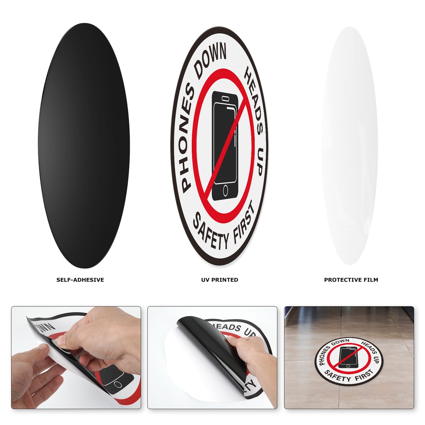 YIKIADA „Phones Down Heads Up“-Aufkleber, Vinyl, 30,5 cm, selbstklebend, „Safety First“-Schild, wasserfeste Bodenaufkleber für Büro und Lager, 10 Stück 