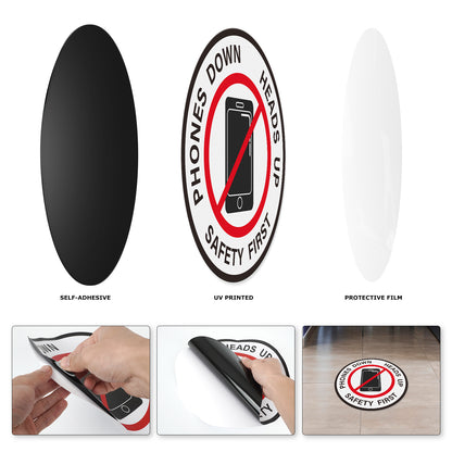 YIKIADA „Phones Down Heads Up“-Aufkleber, Vinyl, 30,5 cm, selbstklebend, „Safety First“-Schild, wasserfeste Bodenaufkleber für Büro und Lager, 10 Stück 