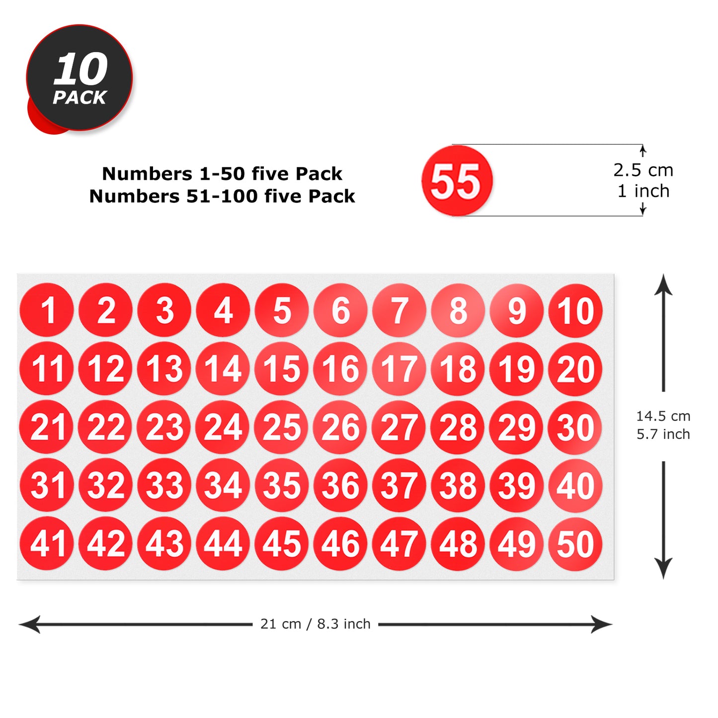 Pegatinas con números consecutivos de YIKIADA, 1 pulgada, 1-100, etiquetas redondas autoadhesivas de vinilo, resistentes al agua, para organizar inventarios, calcomanías de colores con puntos para contenedores de la escuela, la oficina y el aula, 10 hojas 