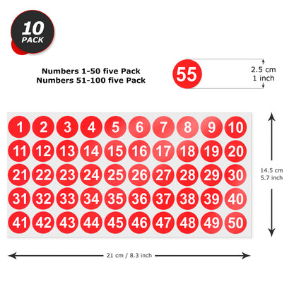 Pegatinas con números consecutivos de YIKIADA, 1 pulgada, 1-100, etiquetas redondas autoadhesivas de vinilo, resistentes al agua, para organizar inventarios, calcomanías de colores con puntos para contenedores de la escuela, la oficina y el aula, 10 hojas 